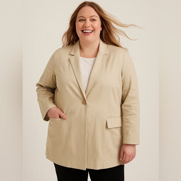 LAFAYETTE 148 NEW YORK One Button Blazer Jacket Beige Pockets Lightweight Sz XL - Picture 1 of 12